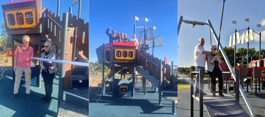 Scenes from the Richmond Park playground opening, including a ribbon-cutting ceremony, visitors on the new pirate ship play equipment, and people using the accessible play facilities.